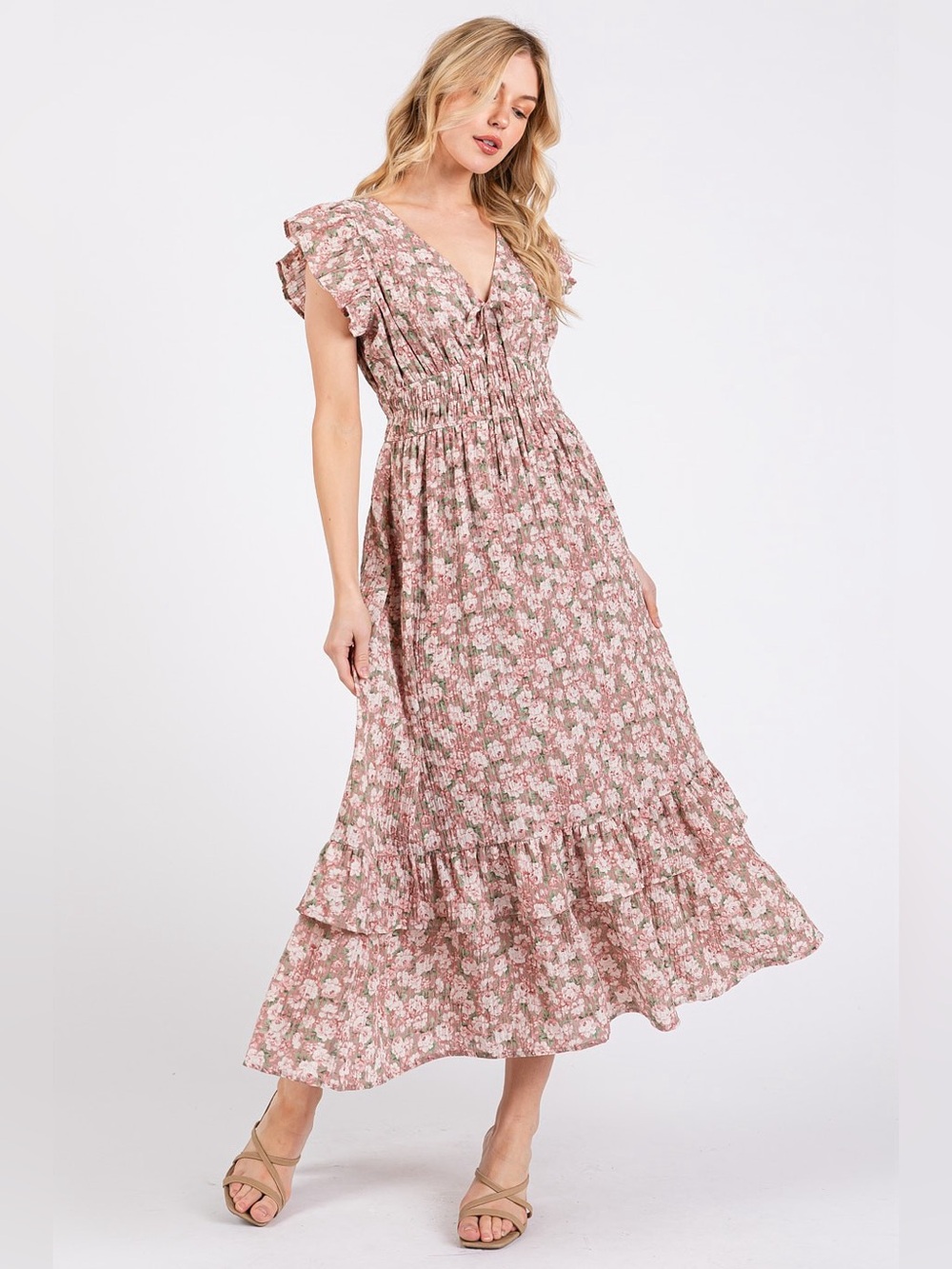 Mittoshop Flower Print Ruffle Cap Sleeve V-neck Midi Dress